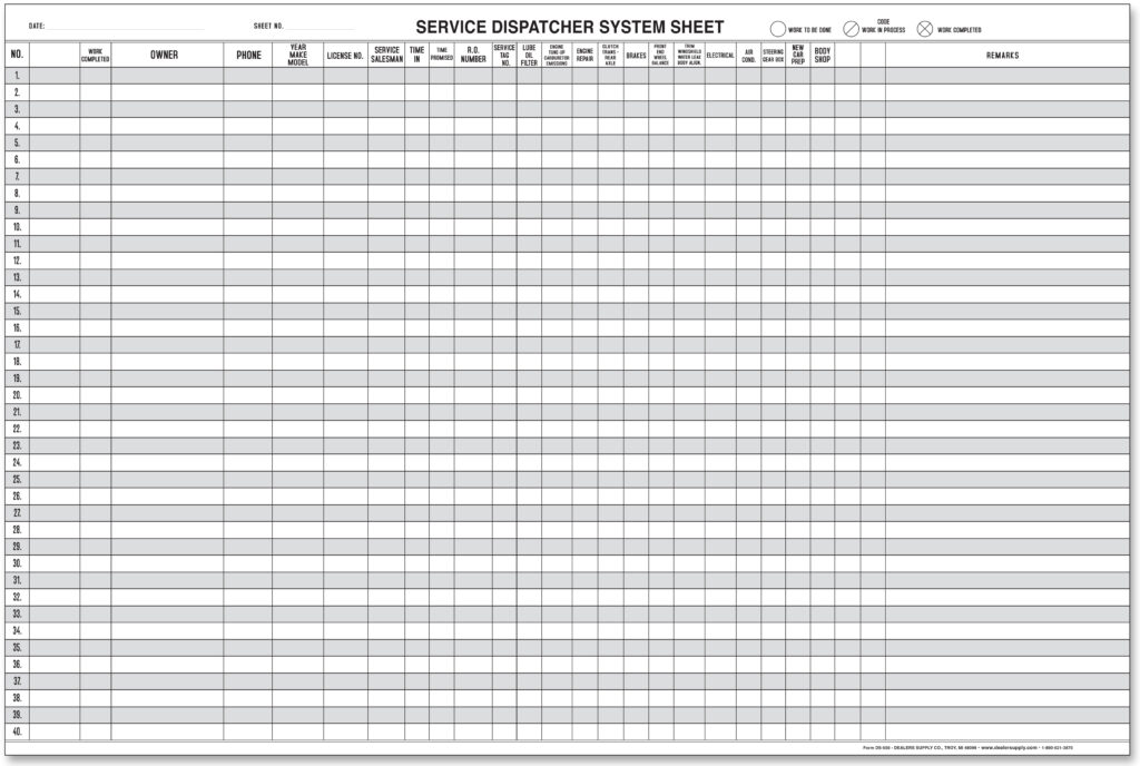 Service Dispatcher Sheets Powersports Dealer Supply