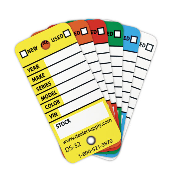 Yellow, Orange, Red, Green, Blue, and White colorful Waterproof Rigid Vinyl Key Tag Group