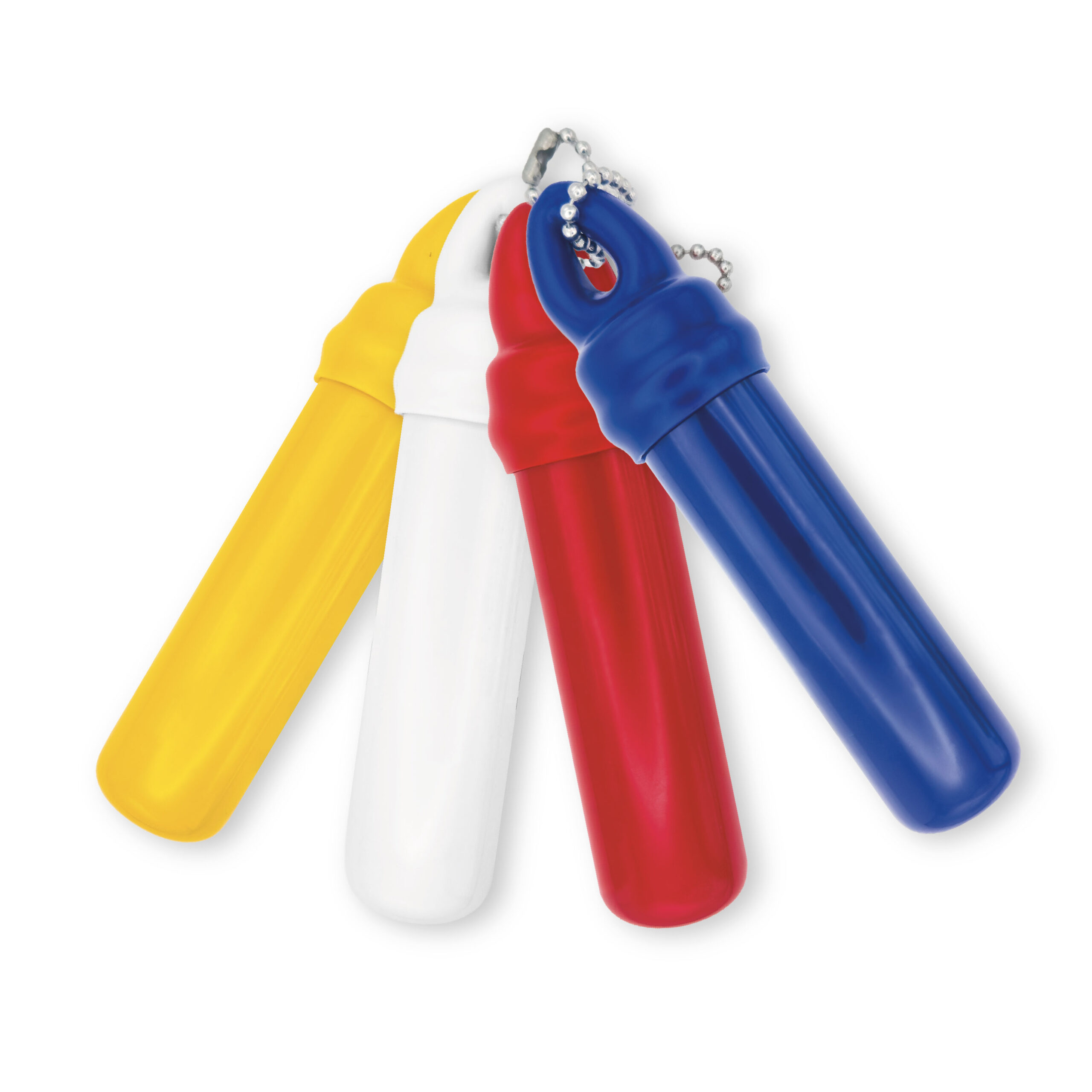Protected Group of Flexible Floating Water Key-Tainers in Yellow, White, Red, and Blue.