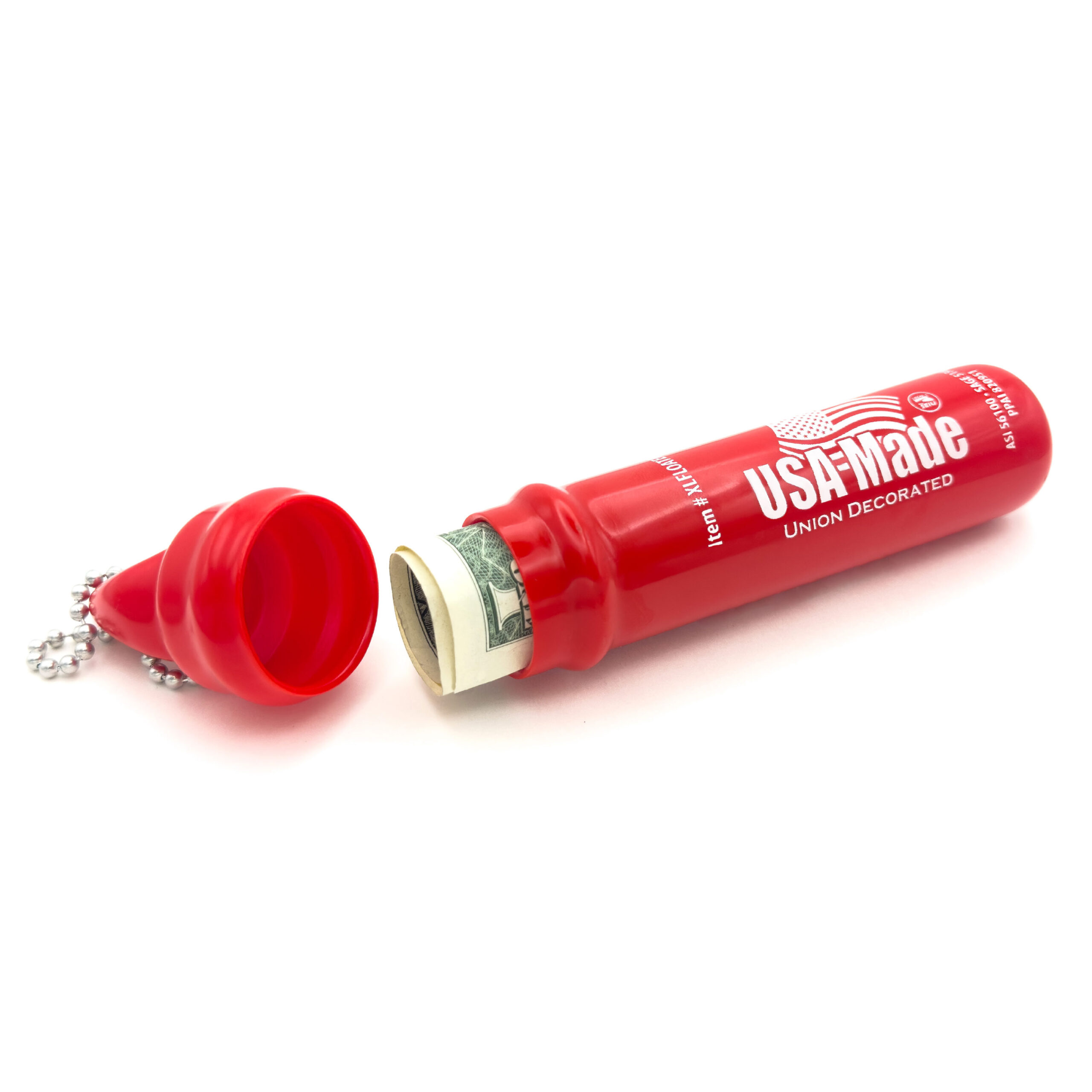 Protected Red flexible floating water Key-Tainers opened with cash money inside
